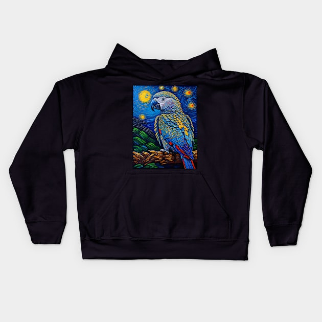 African Grey Parrot in starry night Kids Hoodie by FUN GOGH